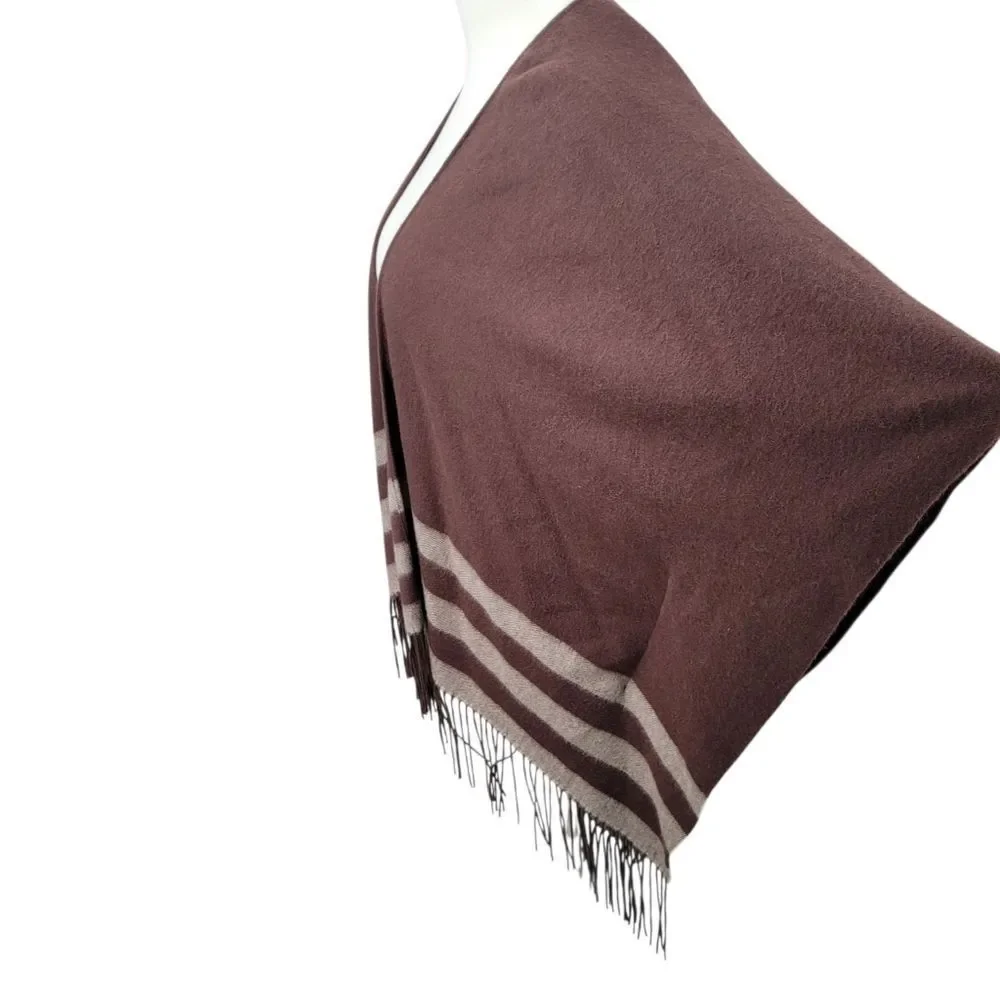 Wool Cashmere Brown Fringe Ruana Poncho with Stripes